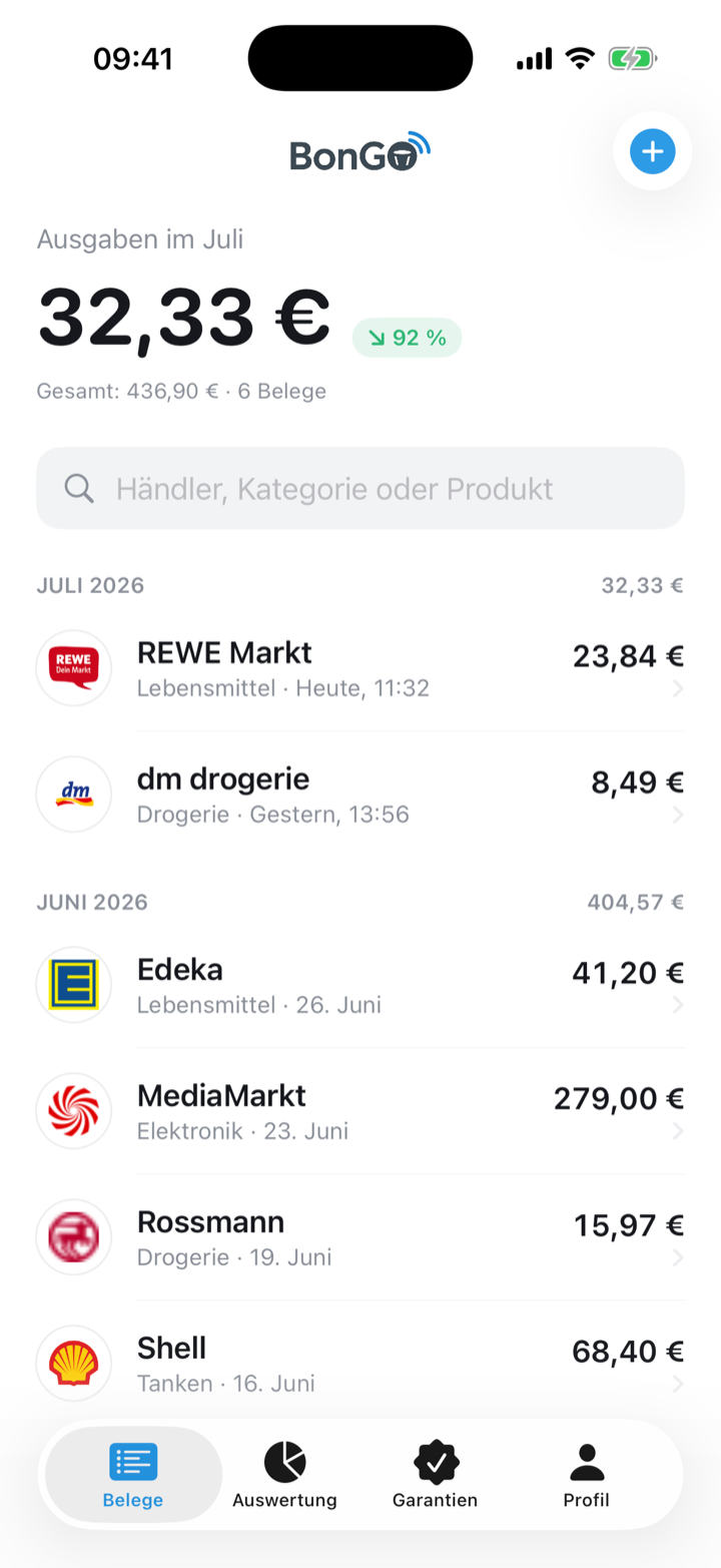 Die BonGO App: Belegübersicht mit Ausgaben, Suche und Händler-Logos